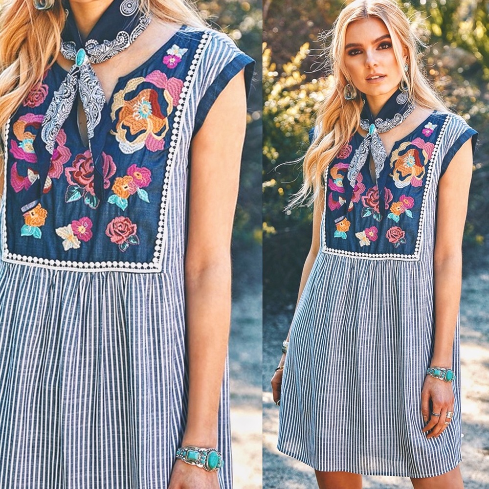 Casual Floral Comfortable Stripe Dress Blue - Picture 7 of 8